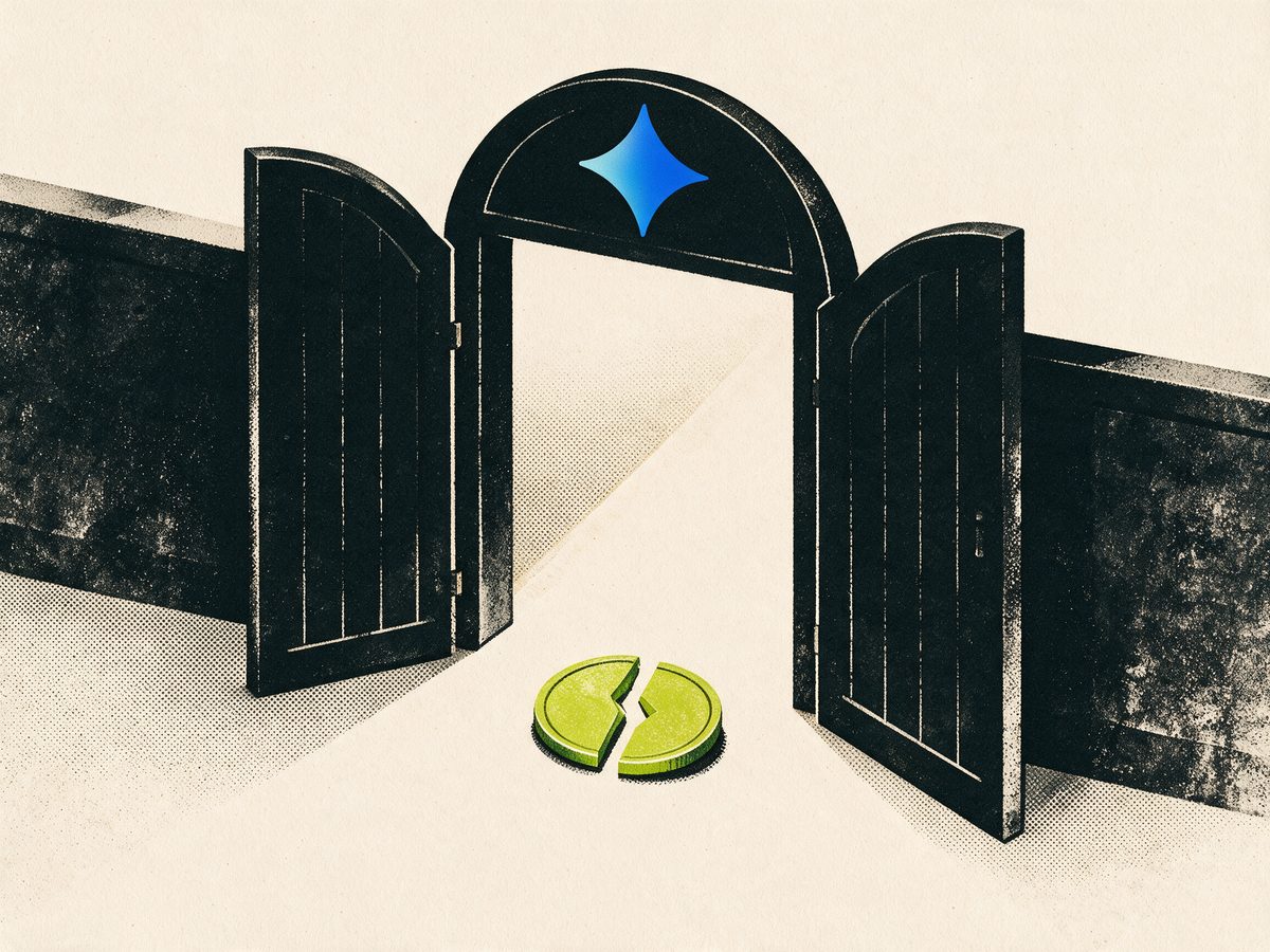 A tall gate bearing the Gemini sparkle swings wide open, with a coin cut in half resting at its threshold.