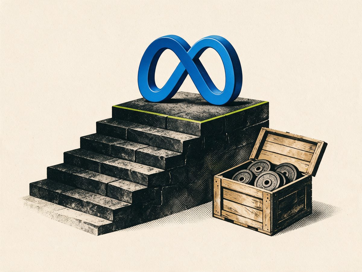 The Meta infinity loop stands on the top step of a steep staircase, while an open crate of heavy iron weight plates sits at its foot.