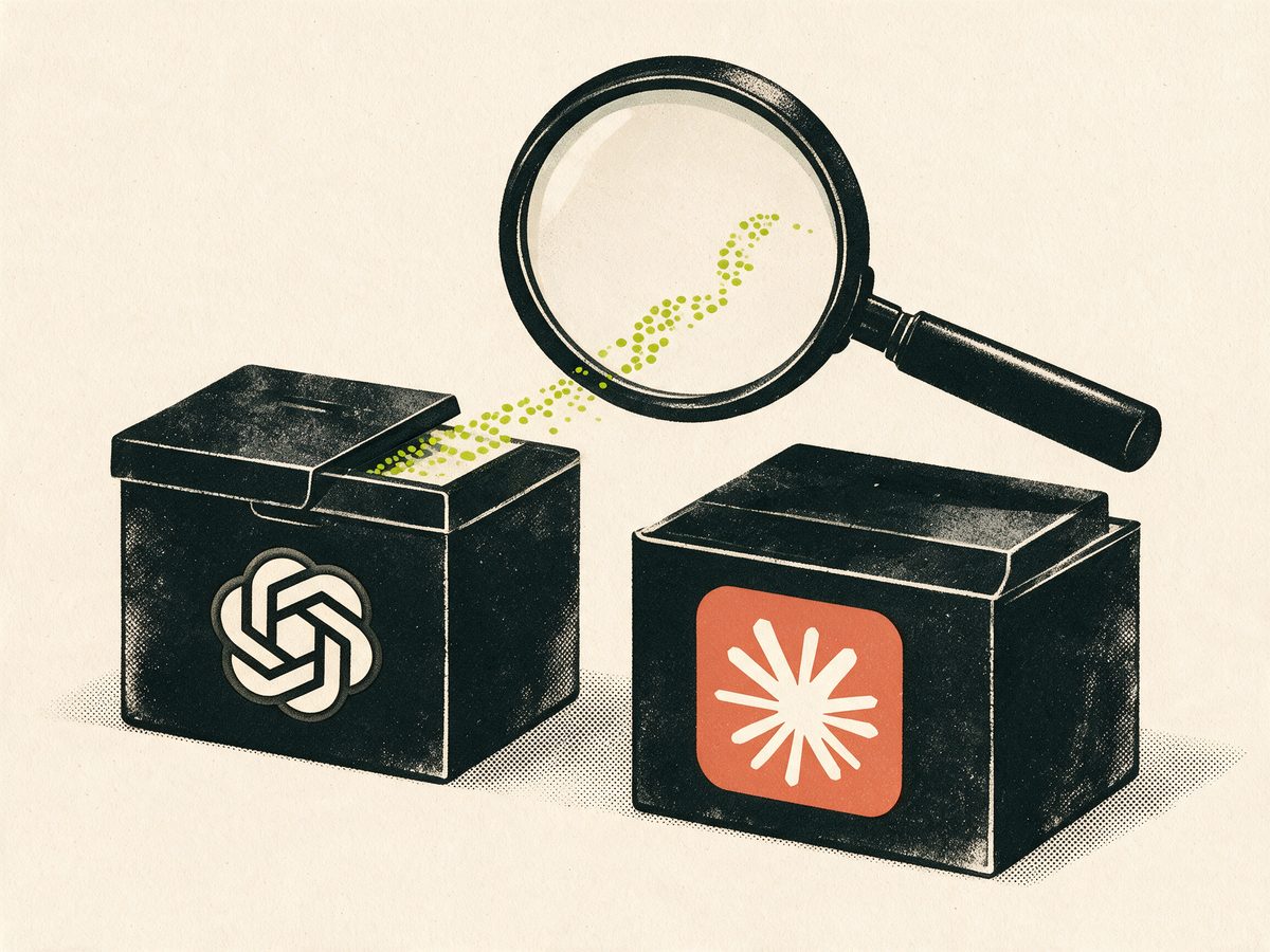 A large magnifying glass hovers over two test boxes bearing the OpenAI and Claude marks, with a dotted path leading out of one open lid.