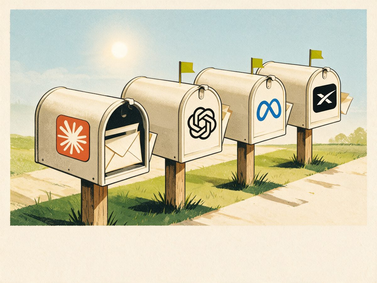 Four friendly mailboxes stand in a row on a sunny morning, each bearing the Claude, OpenAI, Meta or SpaceXAI mark, with lime flags raised and finished work peeking out.