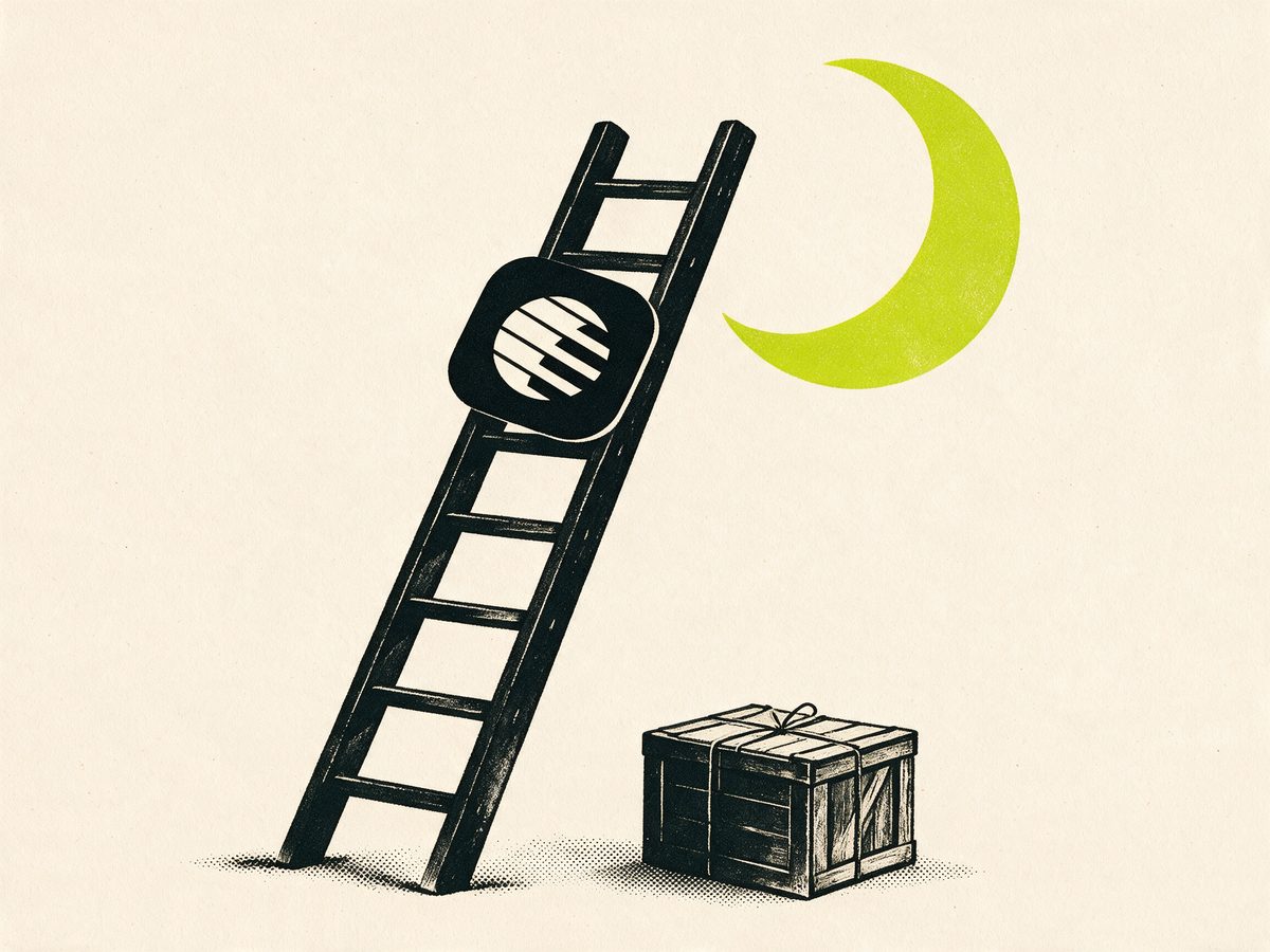 A large Moonshot emblem rests on the second-highest rung of a tall ladder that reaches almost to a crescent moon, beside a sealed crate waiting at the bottom.