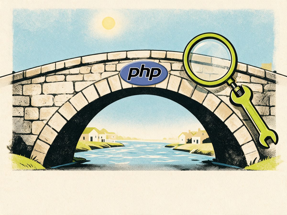 A sunny arched bridge with the PHP logo as its keystone carries small houses, while a lime magnifying lens spots one loose bolt and a lime wrench tightens it.